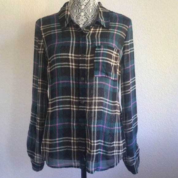 EUC Modcloth Sheer Plaid Button Down Blouse 1X - Picture 6 of 16